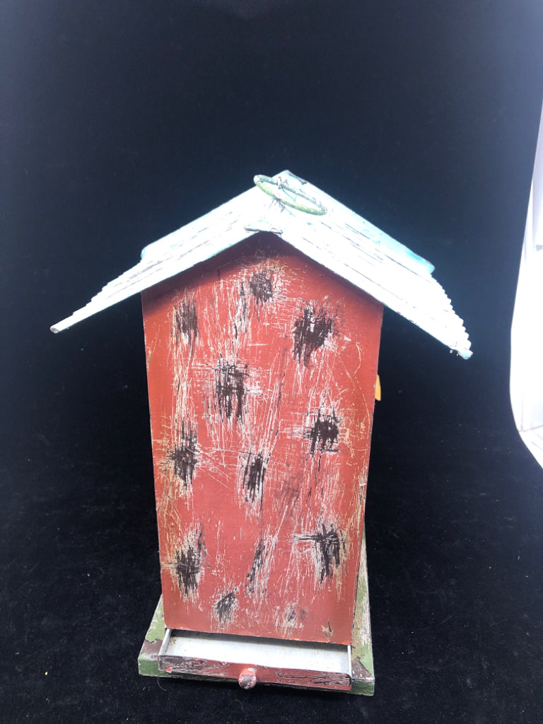MULTI COLORED TIN BIRD HOUSE W/ PULL OUT TRAY/HEART CUT OUT.