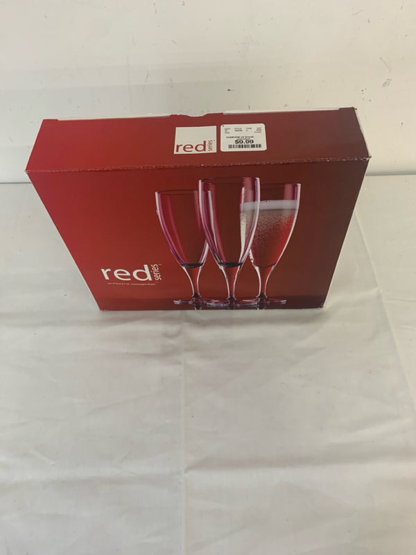 4 RED SERIES CHAMPAGNE FLUTES.