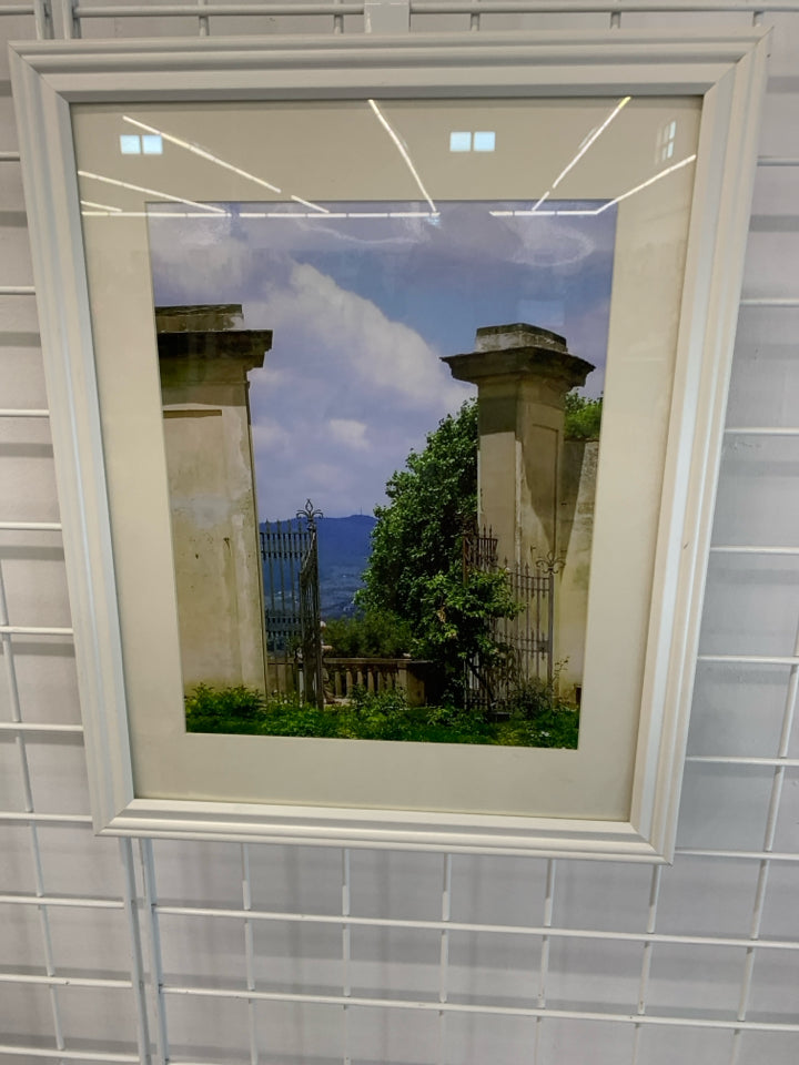 IRON GATE W/TREES PRINT W/WHITE FRAME.