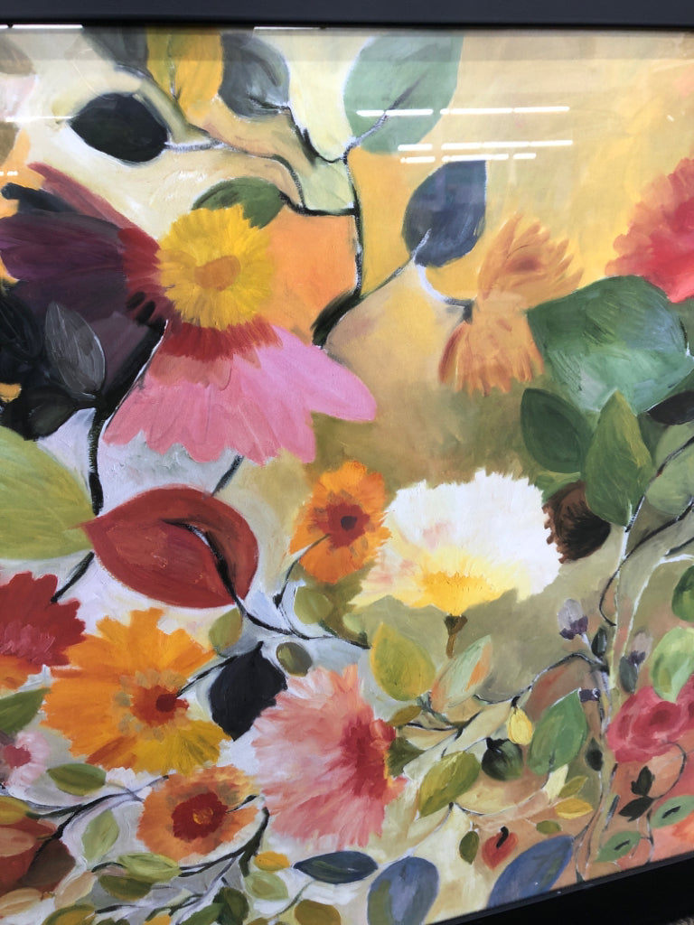 COLORFUL FLORAL IN BLACK FRAME WALL HANGING.