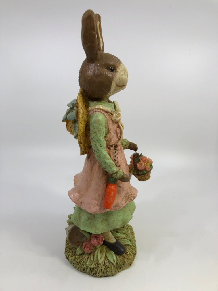MRS EASTER BUNNY HOLDING FLOWER BASKET FIGURINE.