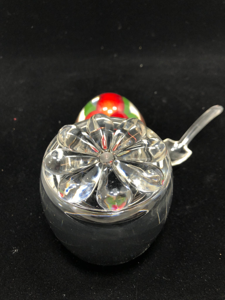ACRYLIC JAM JAR W/STRAWBERRIES EMBEDDED LID AND SPOON.