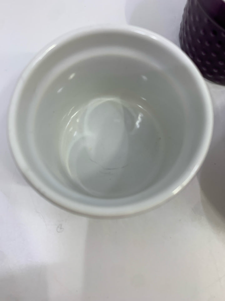 3 PURPLE CERAMIC RAMEKINS.
