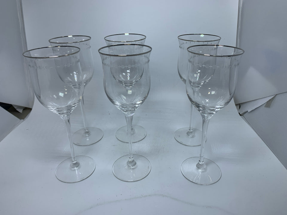 6 CRYSTAL PEARL PLATINUM WATER GOBLETS.