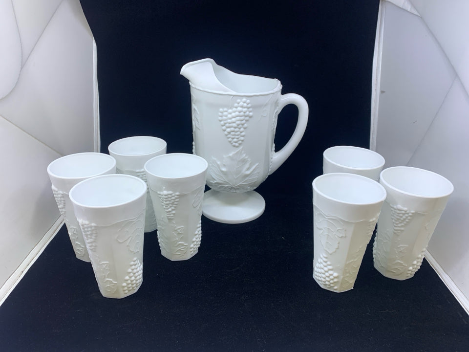 8PC VTG GRAPES EMBOSSED MILK GLASS PITCHER + TUMBLER SET.