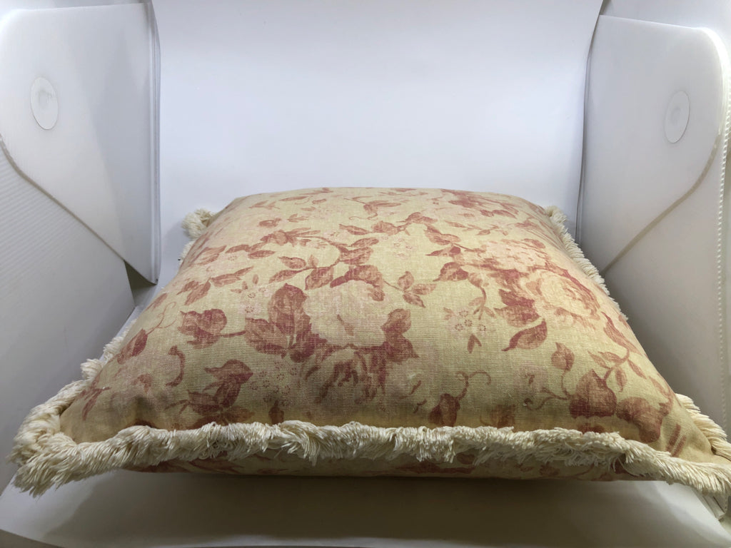 LARGE BEIGE & PINK DECORATIVE PILLOW W/FRINGE.