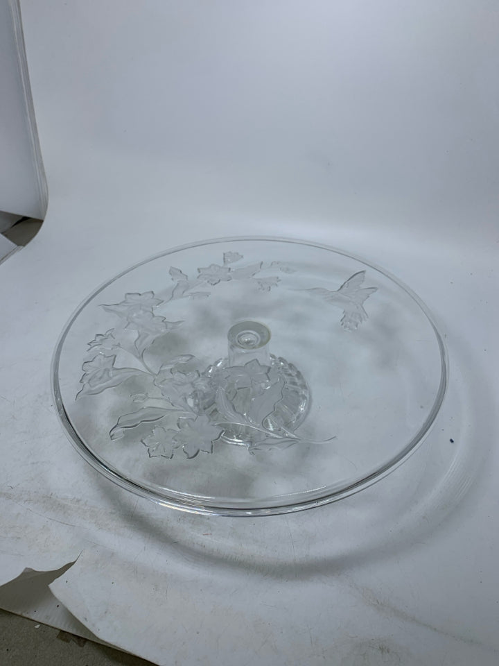 FOOTED CAKE STAND W/ FROSTED HUMMINGBIRDS.