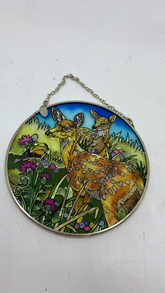 HAND PAINTED DEER W FLORAL SUNCATCHER.
