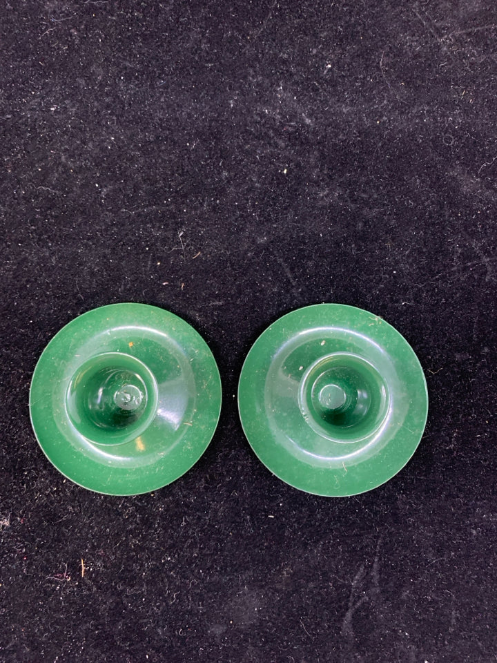 2 GREEN METAL TAPER CANDLE HOLDERS.