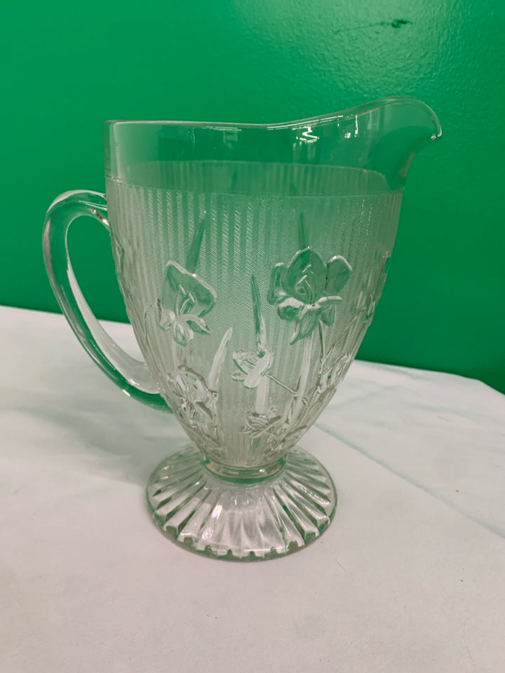 FLORAL ETCHED FOOTED PITCHER.