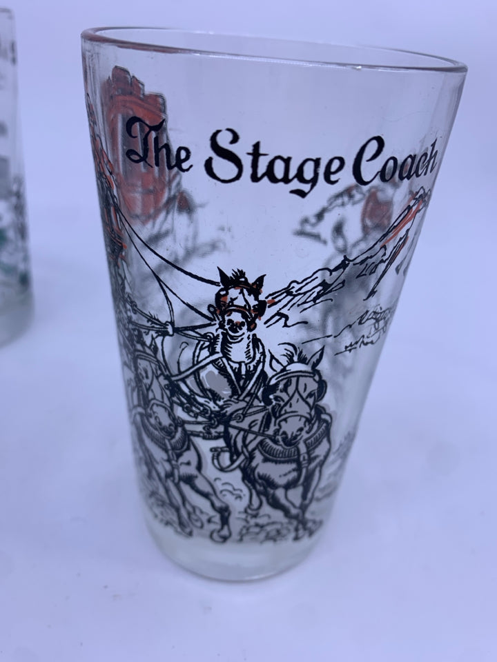 6 VTG TUMBLER GLASSES W SCENES IN GOLD METAL CARRIER.