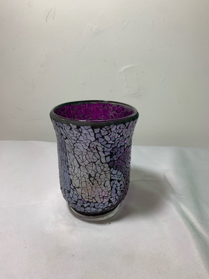 PURPLE CRACKLE GLASS CANDLE HOLDER.