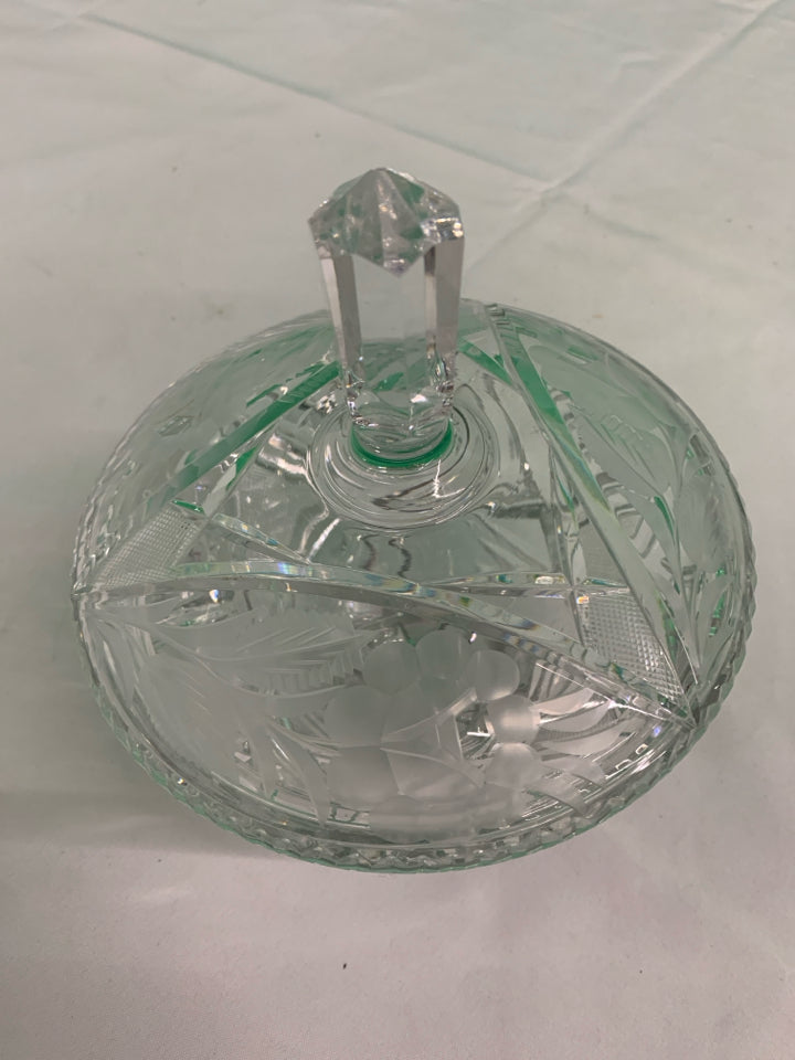 ETCHED FLORAL CRYSTAL FOOTED CANDY DISH.