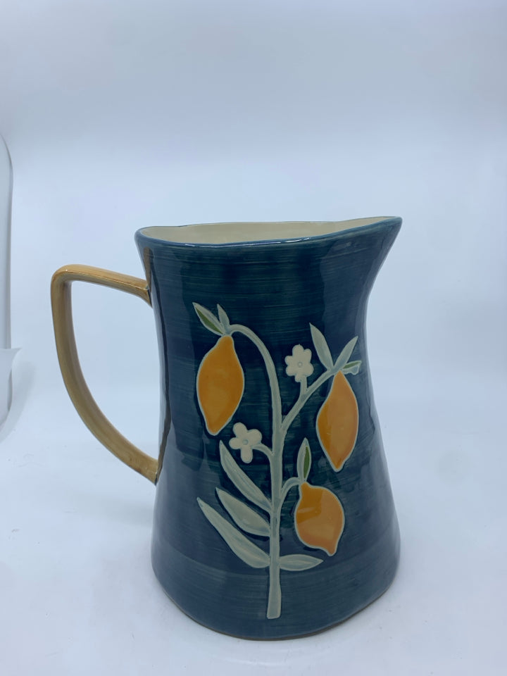 LARGE CERAMIC PITCHER DARK BLUE W/ LEMON TREE.