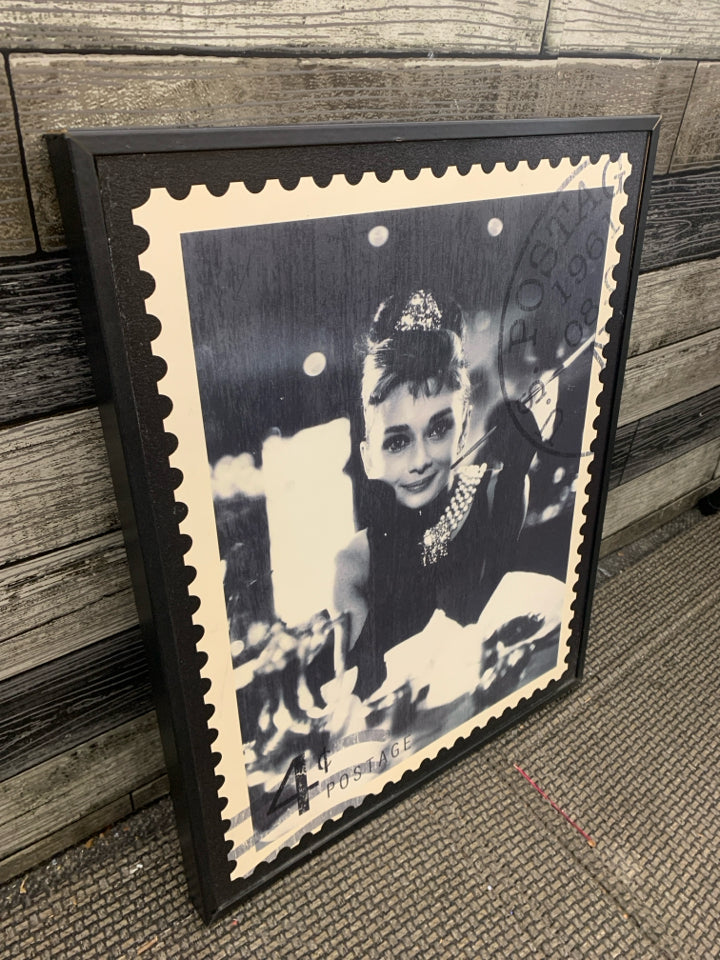 AUDREY HEPBURN BLACK/WHITE STAMP WALL HANGING.