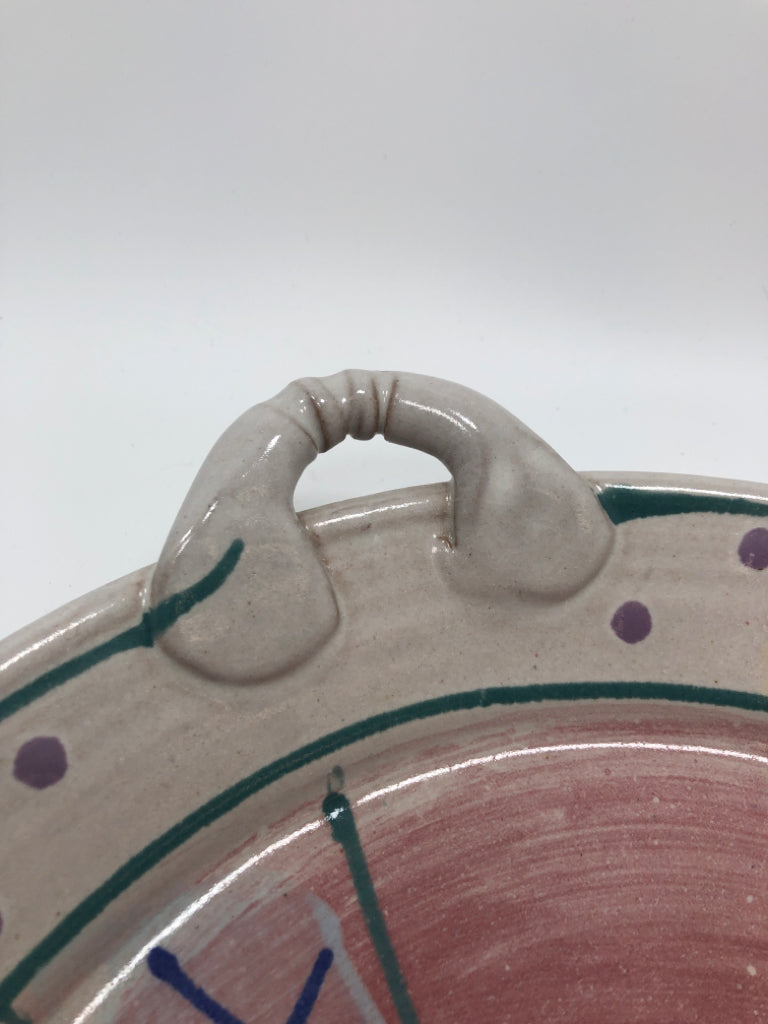 MULTICOLORED "X" STONEWARE BOWL W/HANDLES.