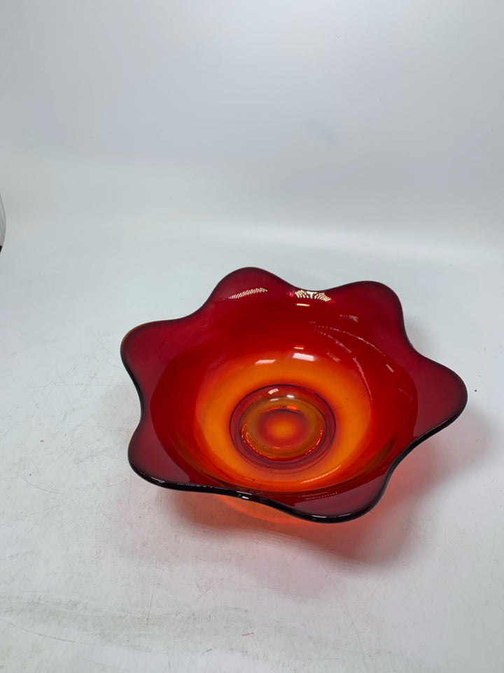 DARK RED GLASS FLOWER SHAPED BOWL.