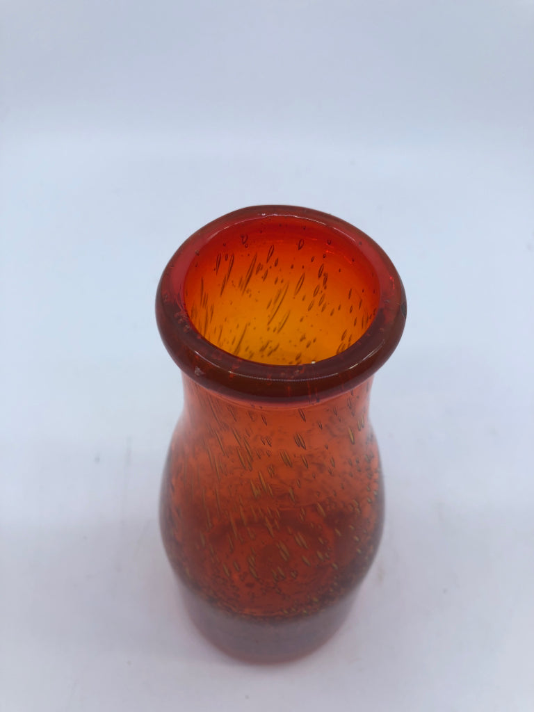 ORANGE THICK GLASS VASE W/ BUBBLES.