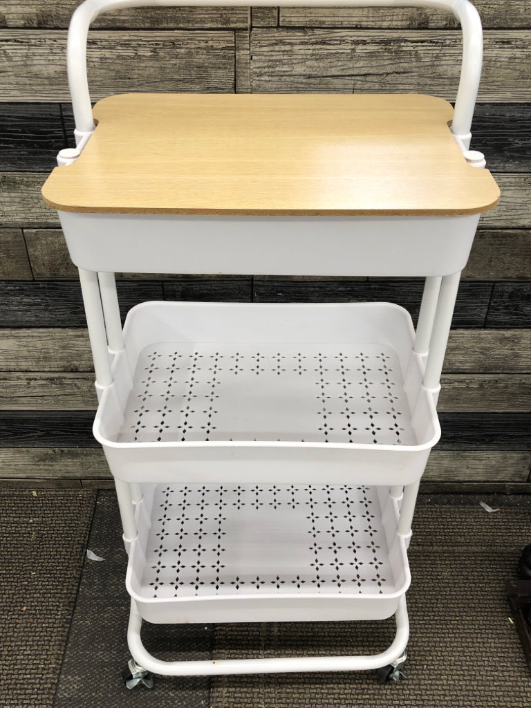 3-TIER ROLLING METAL CART W/WOOD TOP.