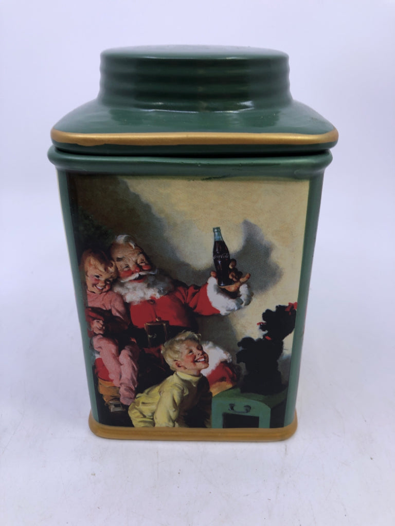 NIB GREEN SANTA COCA COLA STONEWARE CANISTER WITH LID.