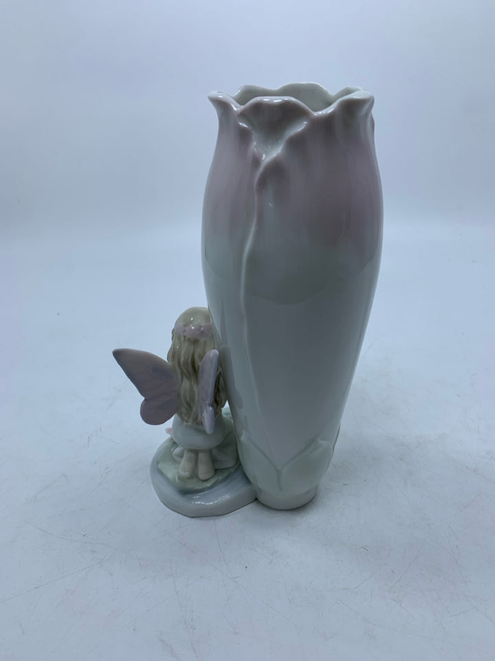 TULIP SHAPED VASE W/ FAIRY & SWAN AT BASE.