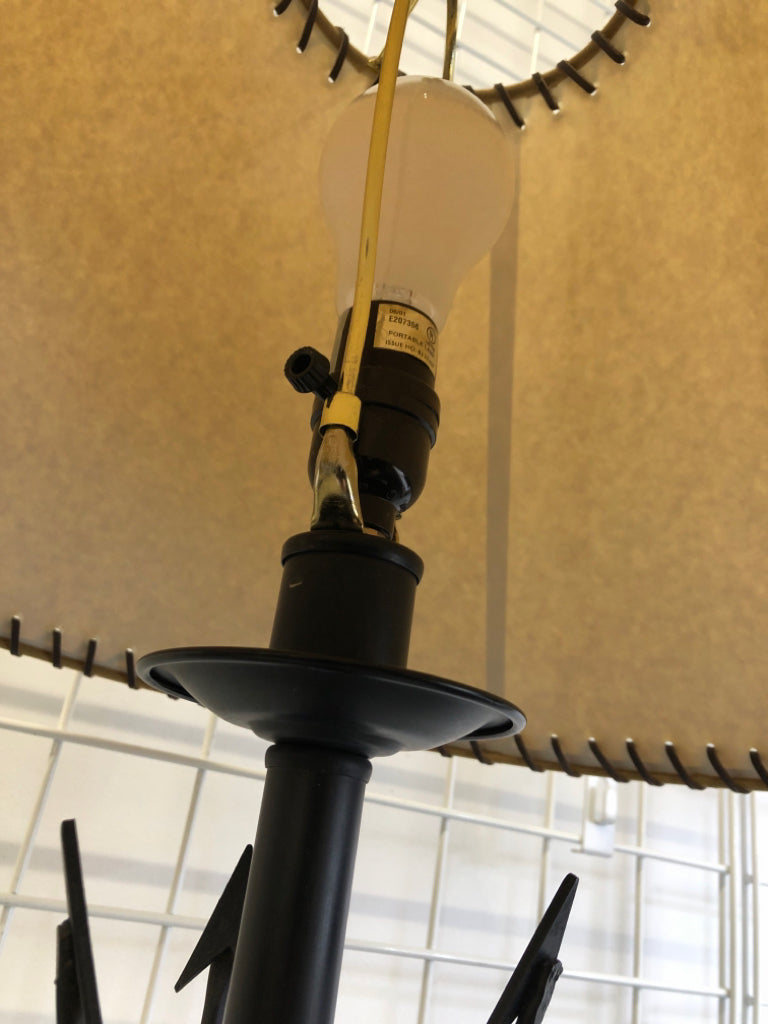 METAL ARROW LAMP W/LEATHER SHADE.