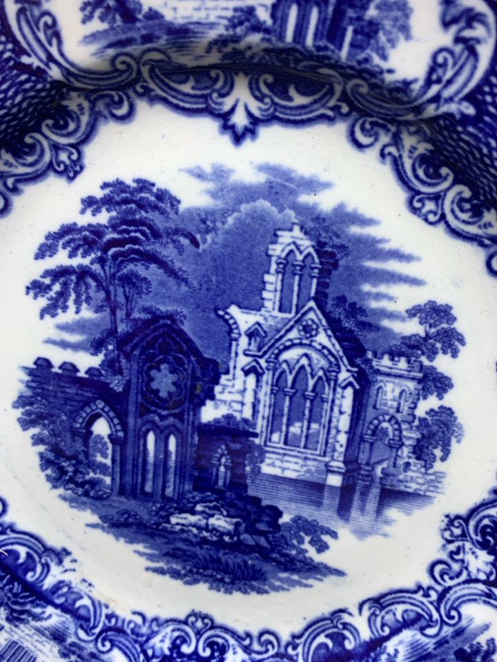 VTG BLUE AND WHITE SHALLOW CHURCH BOWL.