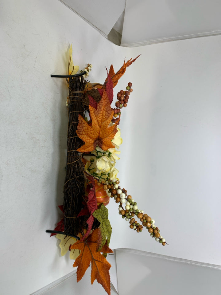3 METAL TEA LIGHT HOLDERS W/ FALL FAUX FLOWERS/LEAVES CENTERPIECE.