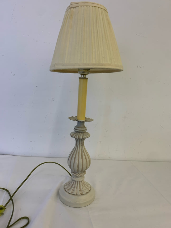 HEAVY WHITE WASHED DETAIL LAMP WITH MINI SHADE.