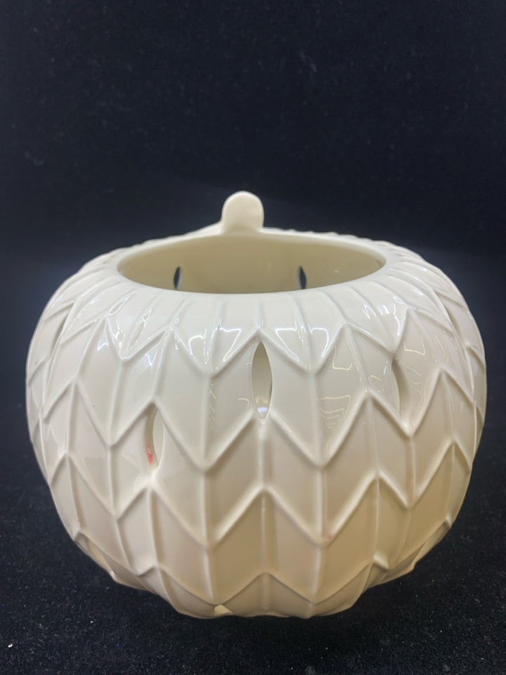 OFF WHITE PIERCED TEXTURED PUMPKIN TEA LIGHT HOLDER.