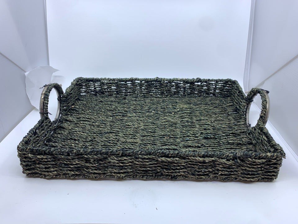 GREY WICKER TRAY W SILVER HANDLES.