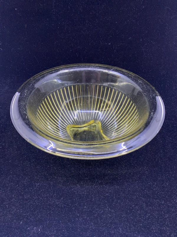 YELLOW GLASS RIBBED MIXING BOWL FOOTED.