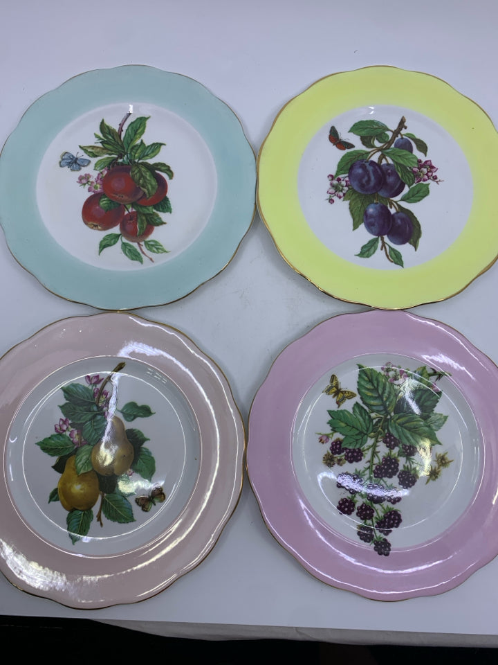 4 VTG PASTEL COLORED FRUIT PATTERN DESSERT PLATES.