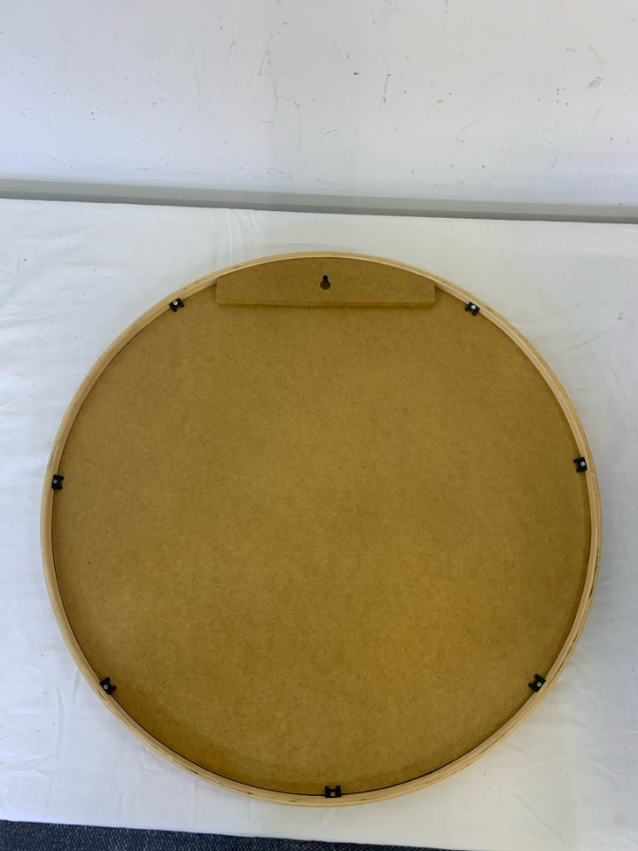 FAUX BLONDE WOOD HEAVY CIRCLE MIRROR.