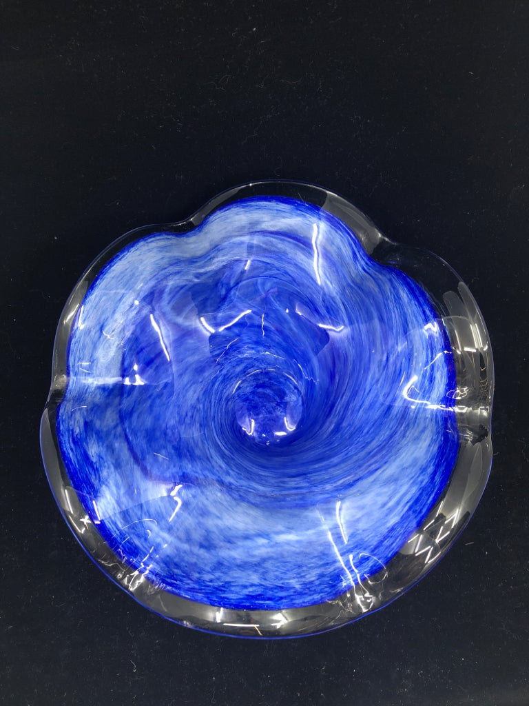 SILVER FOOTED BLUE GLASS WAVY BOWL.