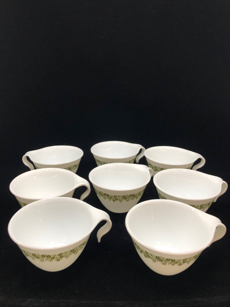 8 VTG GREEN CRAZY DAISY HOOK HANDLE MUGS.