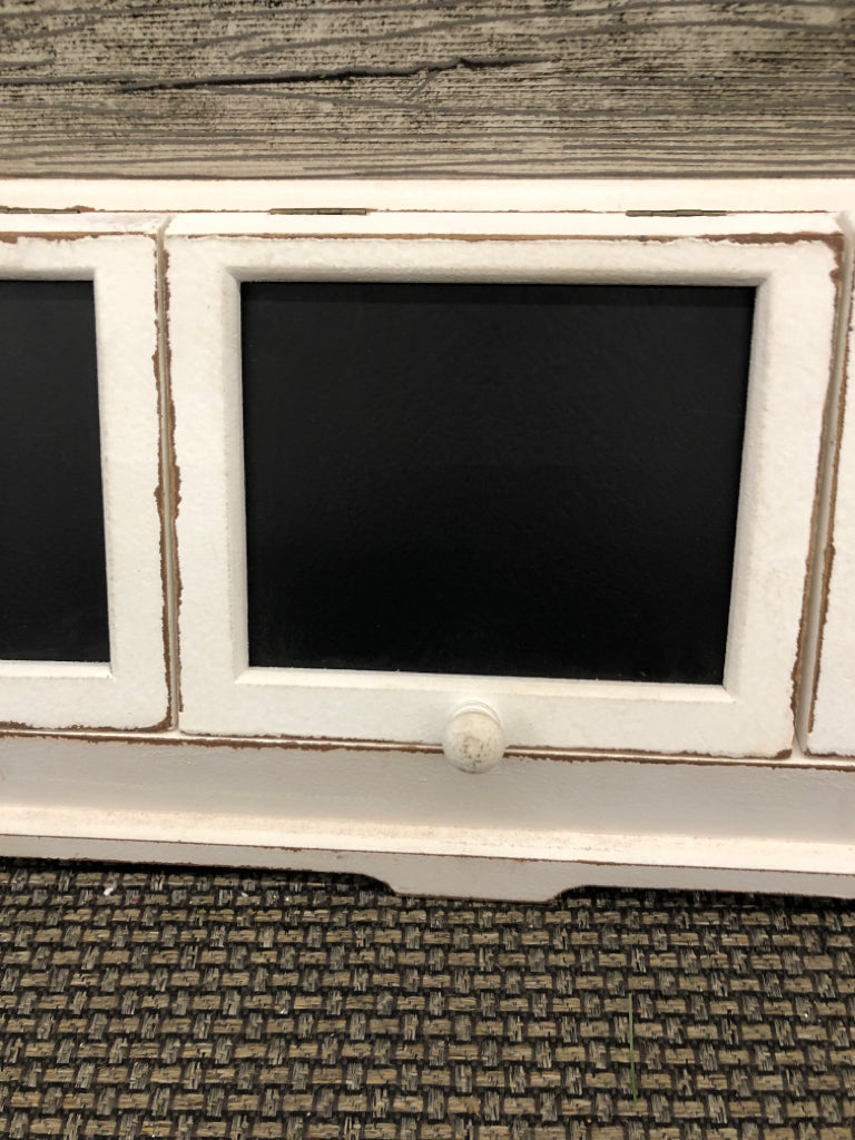 WHITE FARMHOUSE STYLE DIVIDED ORGANIZER W CHALK BOARD.