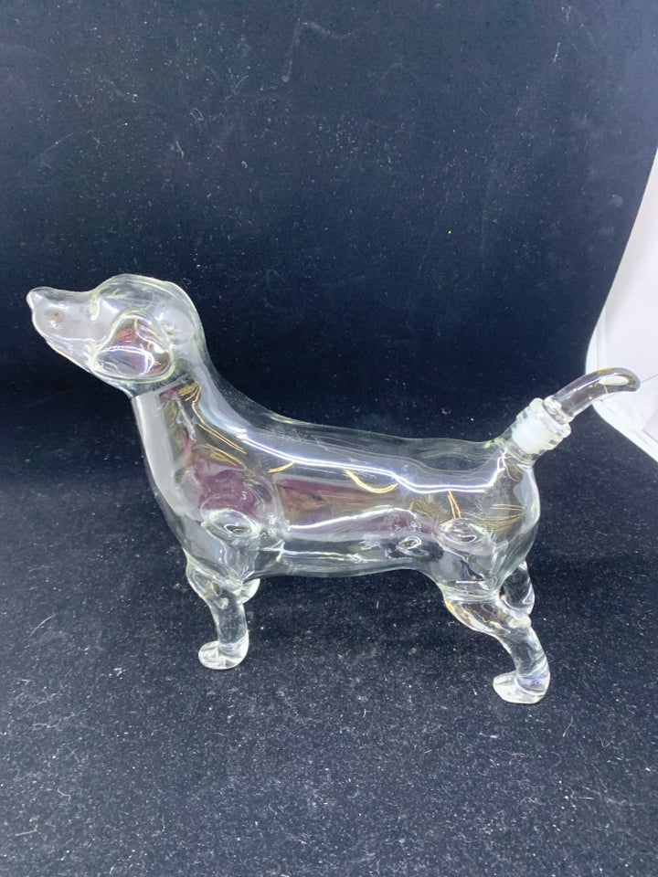 GLASS STANDING DOG DECANTER.