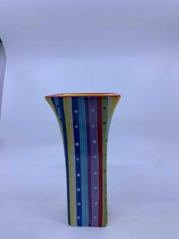 CERAMIC SQUARE VASE W/ COLORFUL STRIPES FLARED TOP.