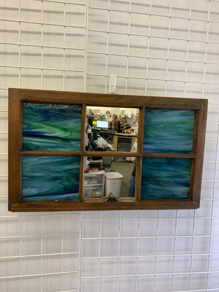 WOODEN MIRROR WINDOW-PANE W/BLUE&GREEN MARBLED GLASS.