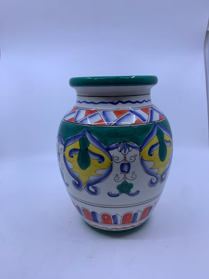 MULTICOLORED URN STYLE VASE.