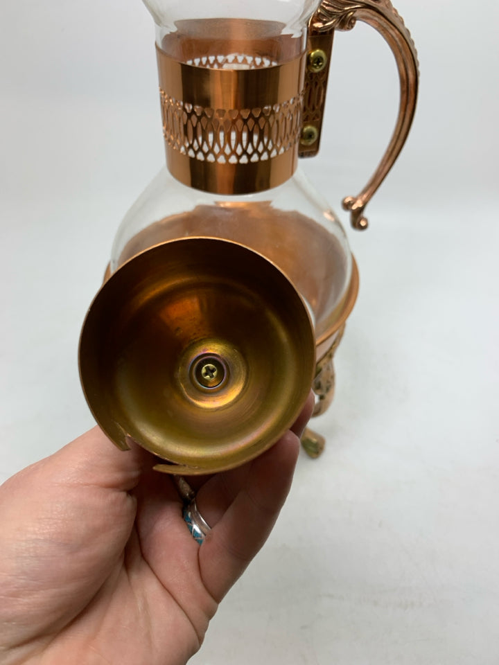 VTG GLASS + COPPER COFFEE POT WITH WARMING STAND.