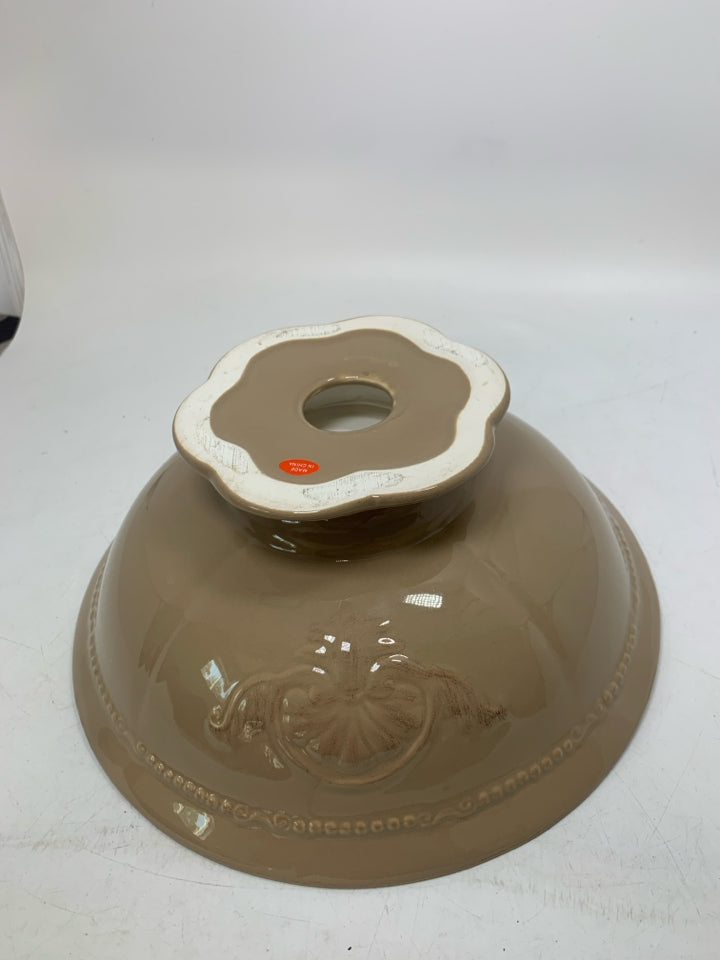 FOOTED CERAMIC BOWL W/ EMBOSSED DETAILS BEADED EDGE.