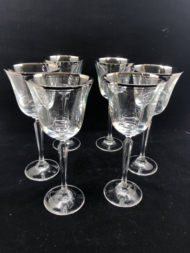 6 WINE GLASSES W SILVER RIM.