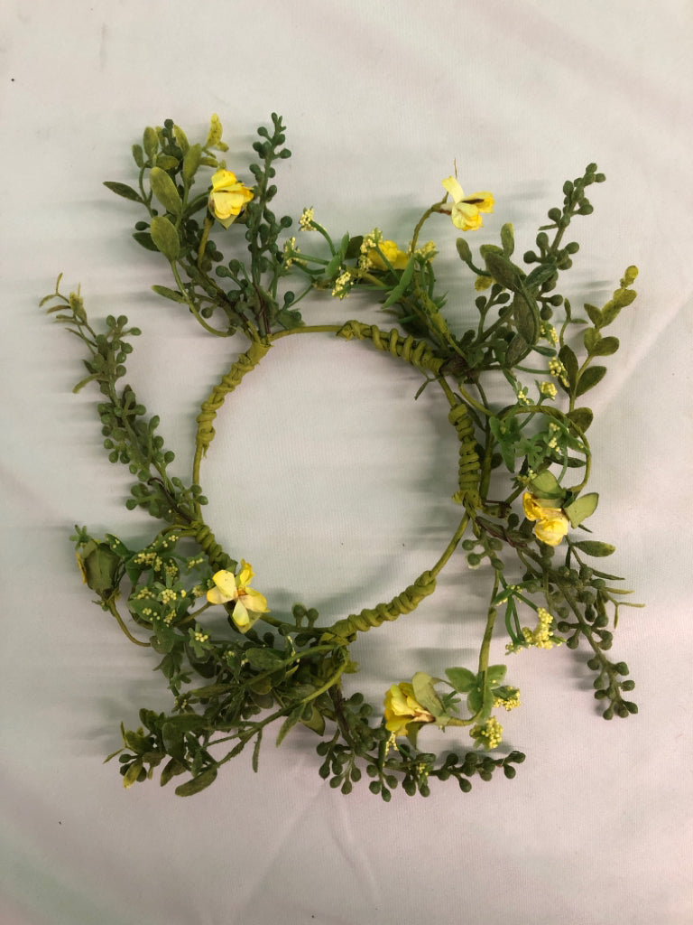 GREEN W/YELLOW FLOWERS, TWIG WREATH.