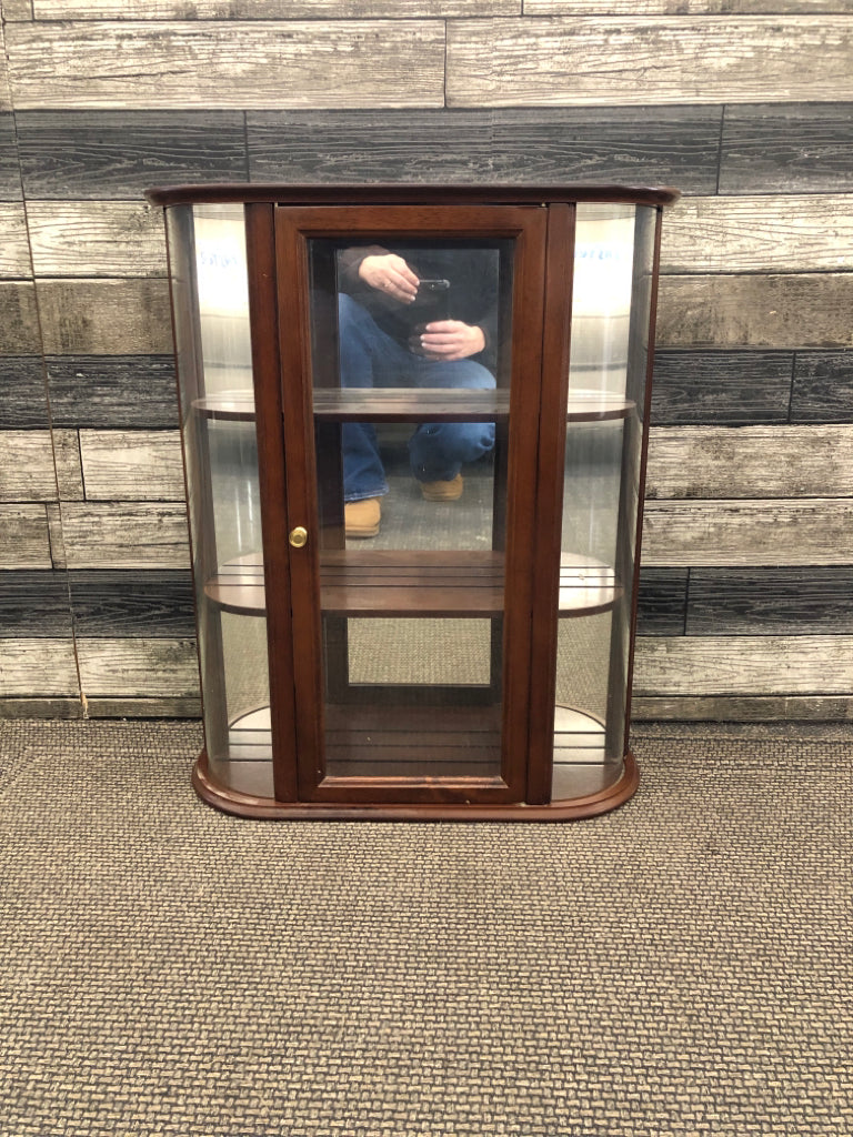 DARK CHERRY WOOD 3 SHELF WALL HANGING CURIO CABINET W GLASS DOOR.