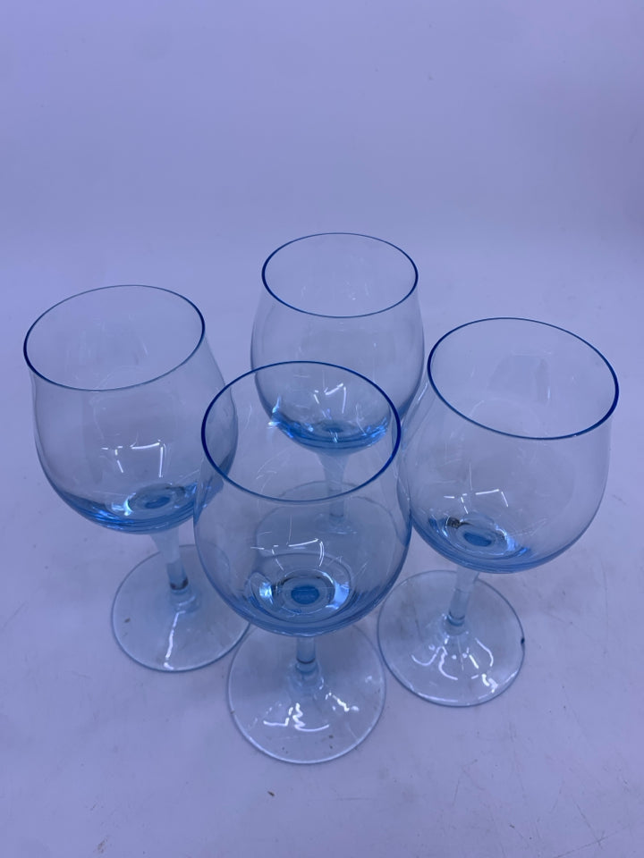 4 BLUE STEMMED GLASSES.