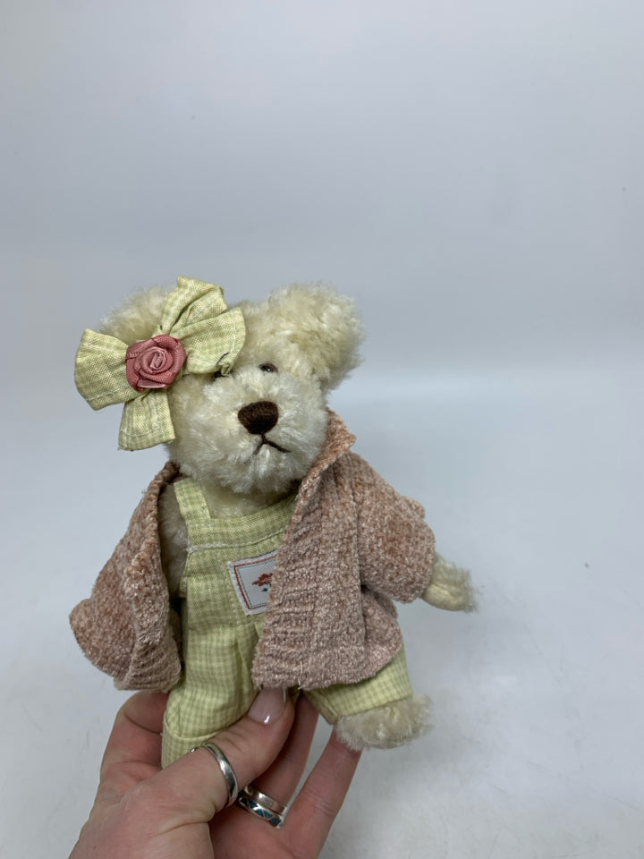 MINI WHITE BEAR W/ GREEN PLAID JUMP SUIT & SWEATER BOYDS BEAR.