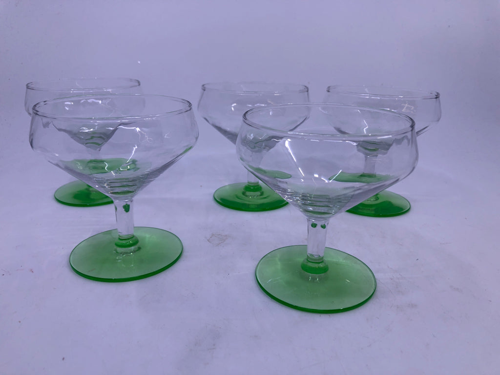 5 GREEN STEM GOBLETS.
