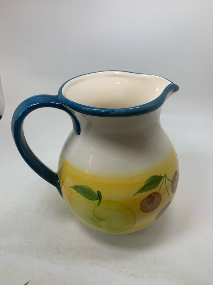 YELLOW BAND W/ GRAPES APPLES CERAMIC PITCHER MADE IN PORTUGAL.